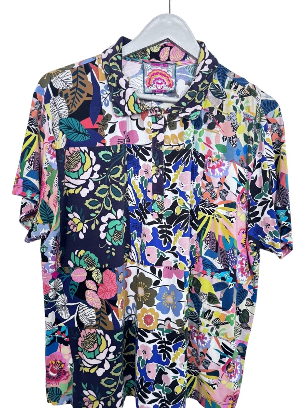 Johnny Was Multicolor Floral Patchwork Collared Short Sleeve Top